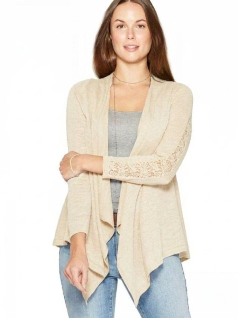Knox Rose Lace Sleeves Open Cardigan Sweater Cream Beige Size XXL